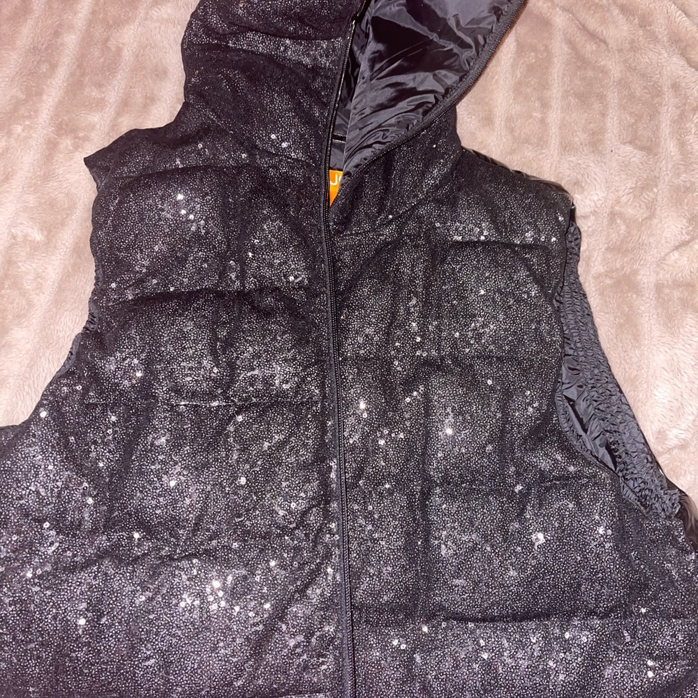 Large Black Sequined Front and Puffed Back Hooded Vest Coat from Joe Fresh.